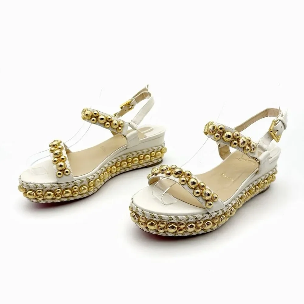 CHRISTIAN LOUBOUTIN Rondaclou Studded Chunky Wedge Heels Size 37 Sandals White